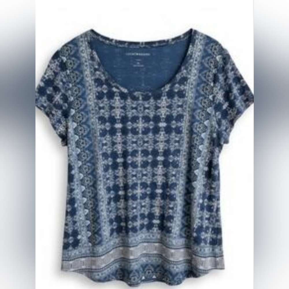 Lucky Brand Navy Blue Patterned Scoop-Neck Tee